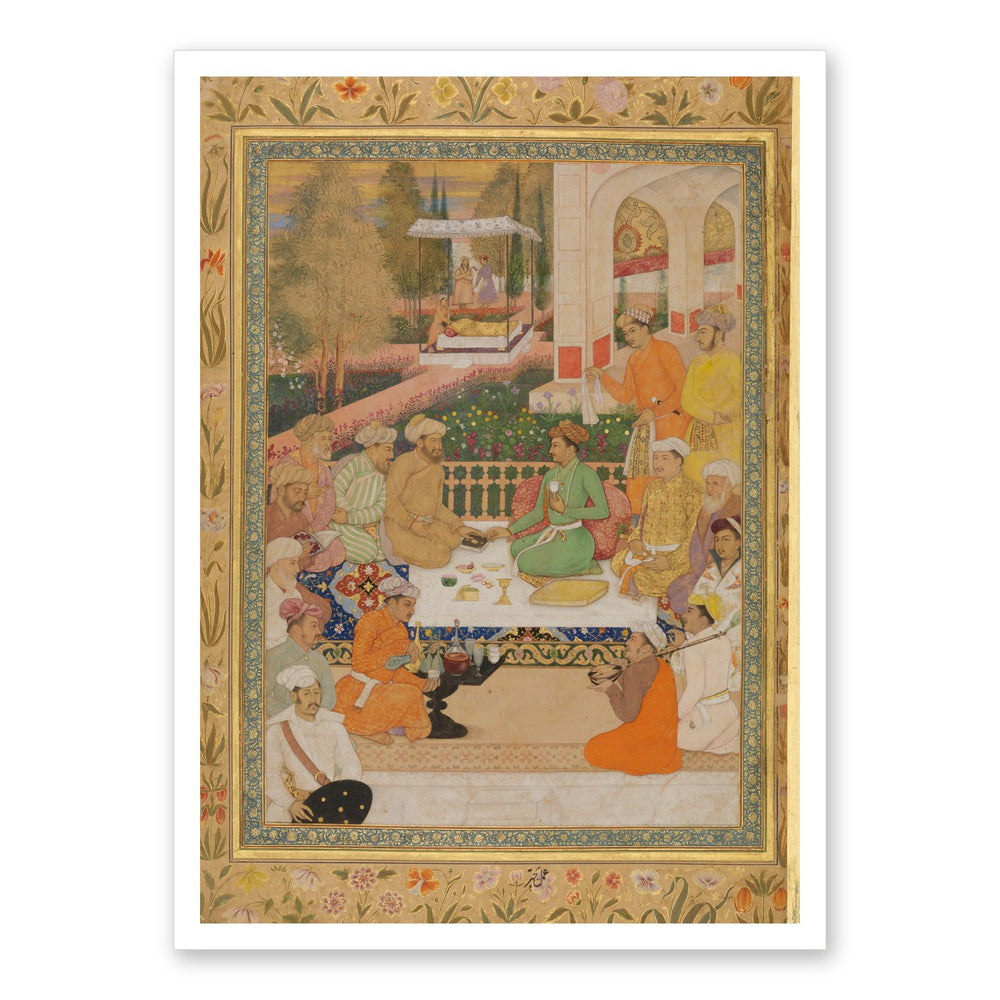 A Garden Gathering with a Prince in a Green Jama | Restored Mughal Wall Art — view 7