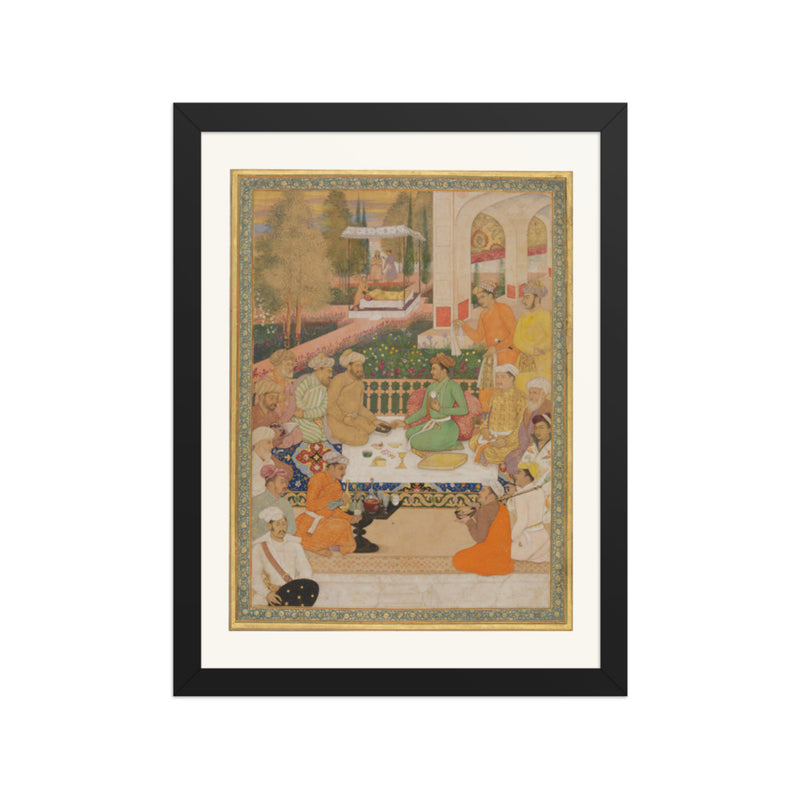 A Garden Gathering with a Prince in a Green Jama | Restored Mughal Wall Art