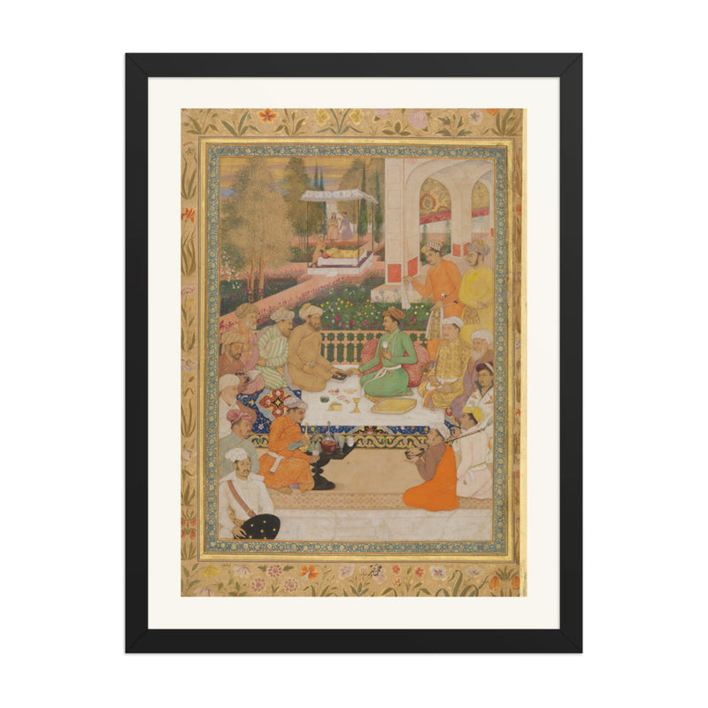 A Garden Gathering with a Prince in a Green Jama | Restored Mughal Wall Art