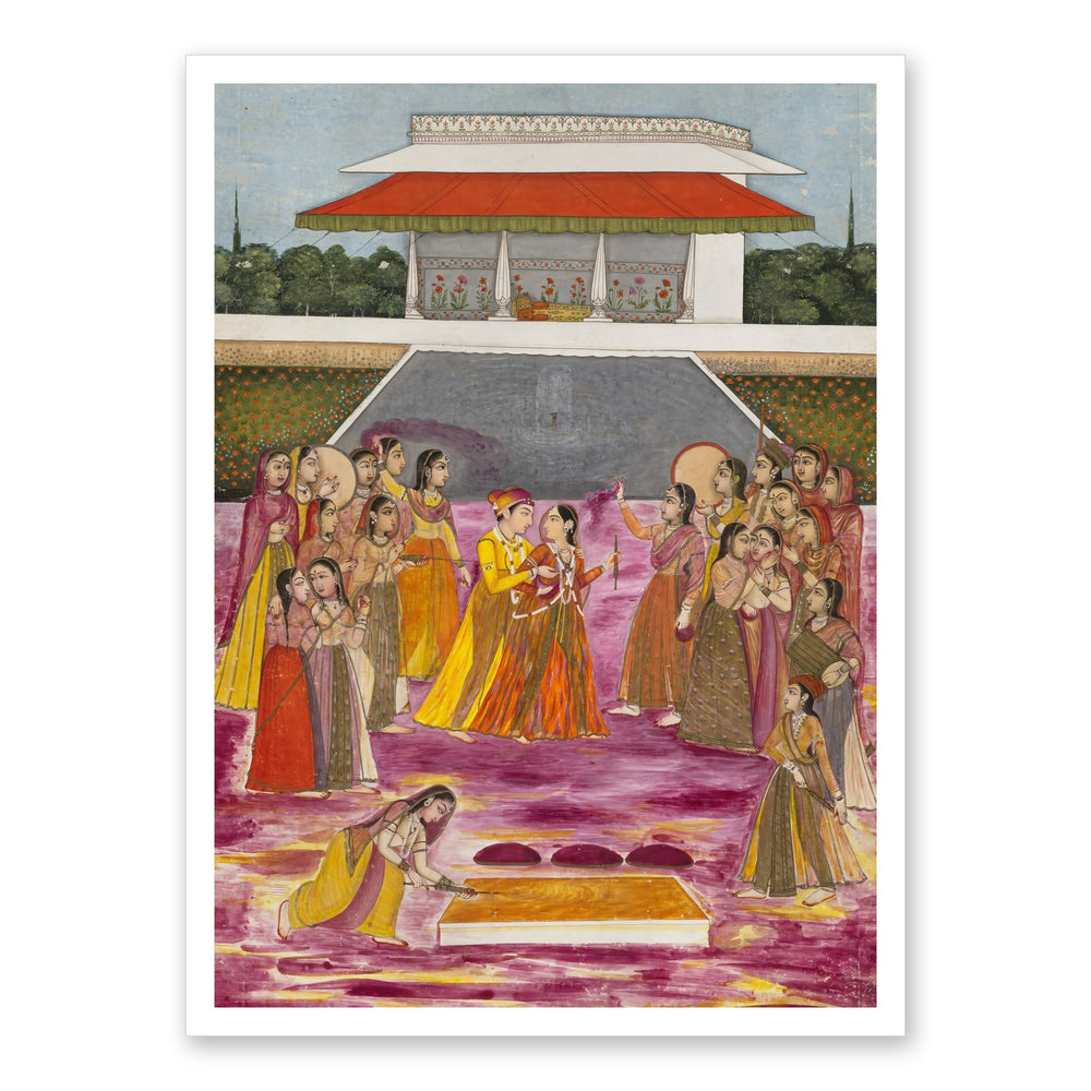 A Royal Couple Celebrating Holi | Restored Mughal Wall Art — view 7