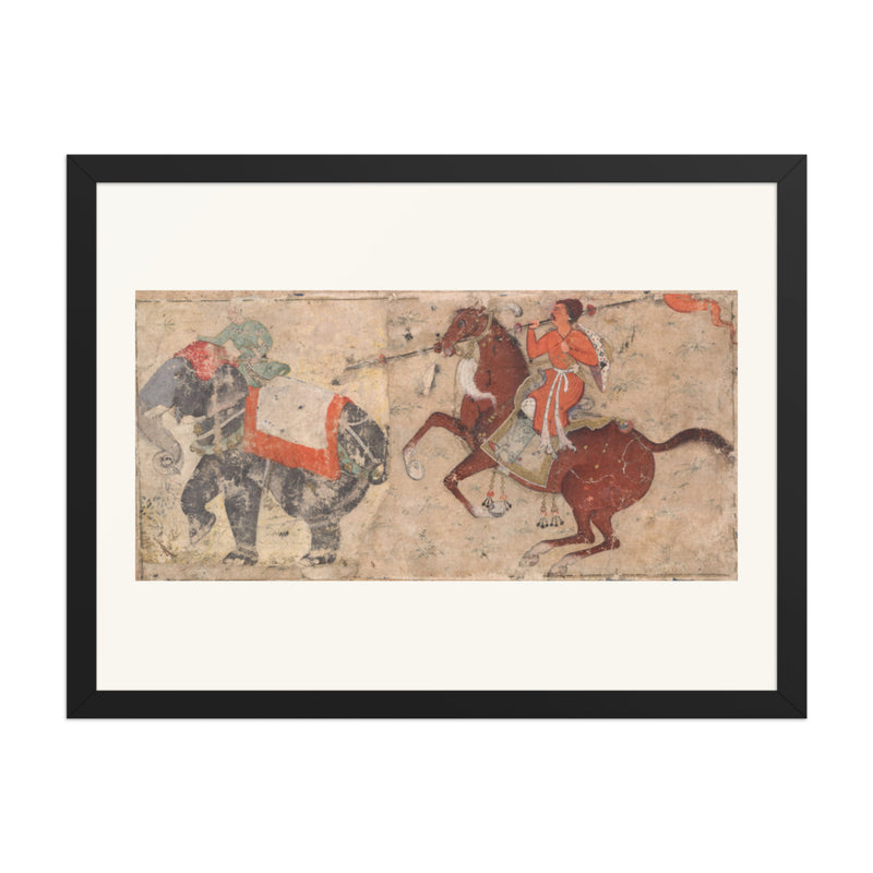 Elephant and Mahout in Combat with Mounted Spearman – Restored Mughal Wall Art