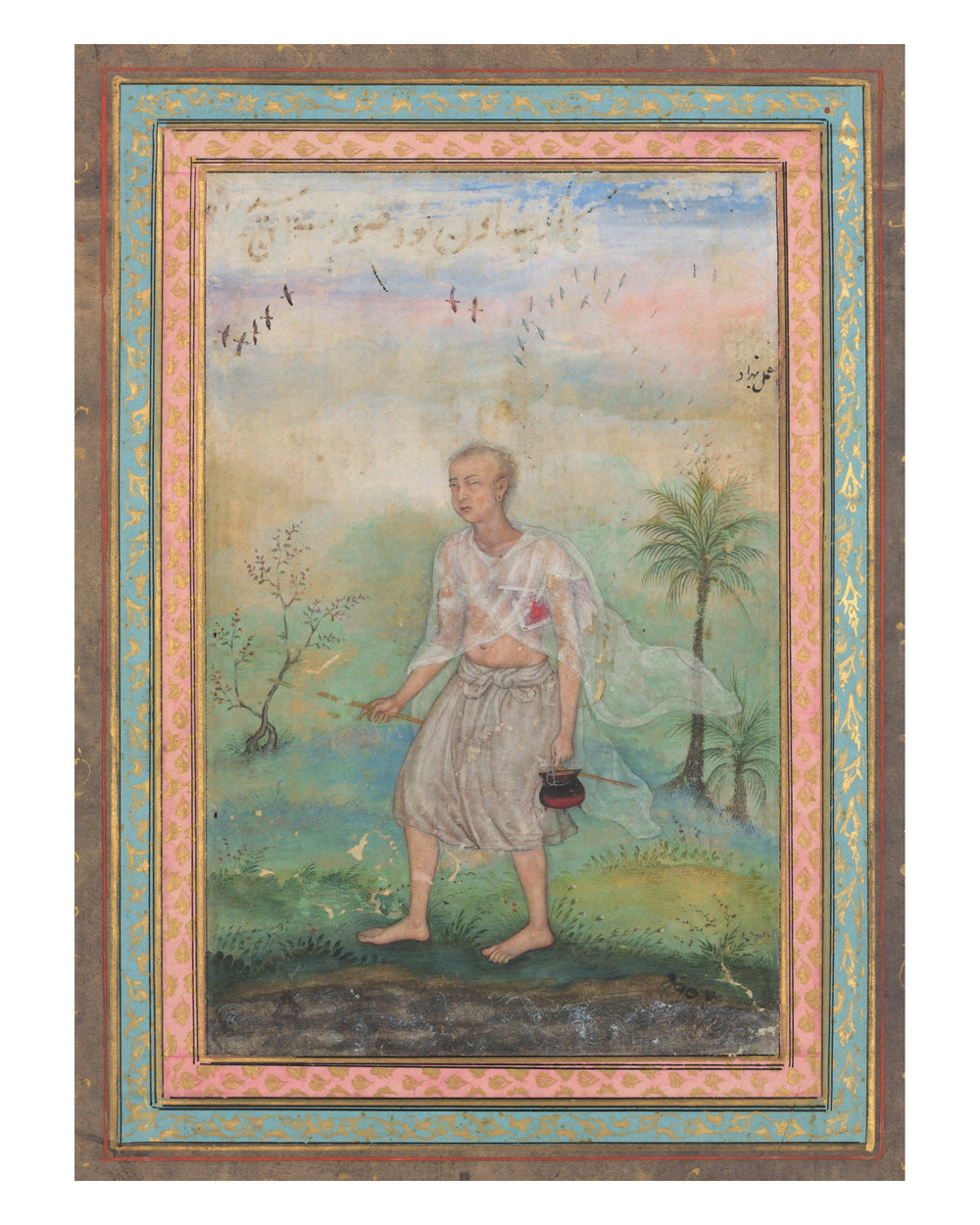 Youth with Vessel in Flowering Landscape — Restored Mughal Wall Art — view 7