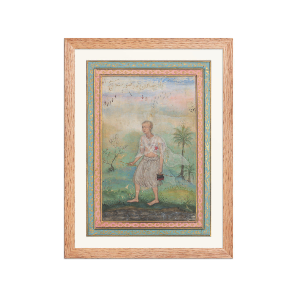 Youth with Vessel in Flowering Landscape — Restored Mughal Wall Art — view 2