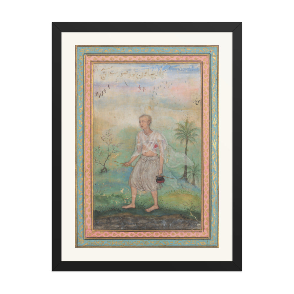 Youth with Vessel in Flowering Landscape — Restored Mughal Wall Art — view 4