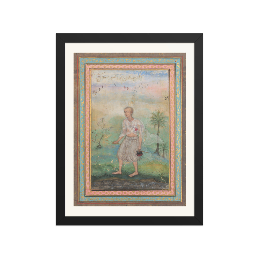 Youth with Vessel in Flowering Landscape — Restored Mughal Wall Art — view 2
