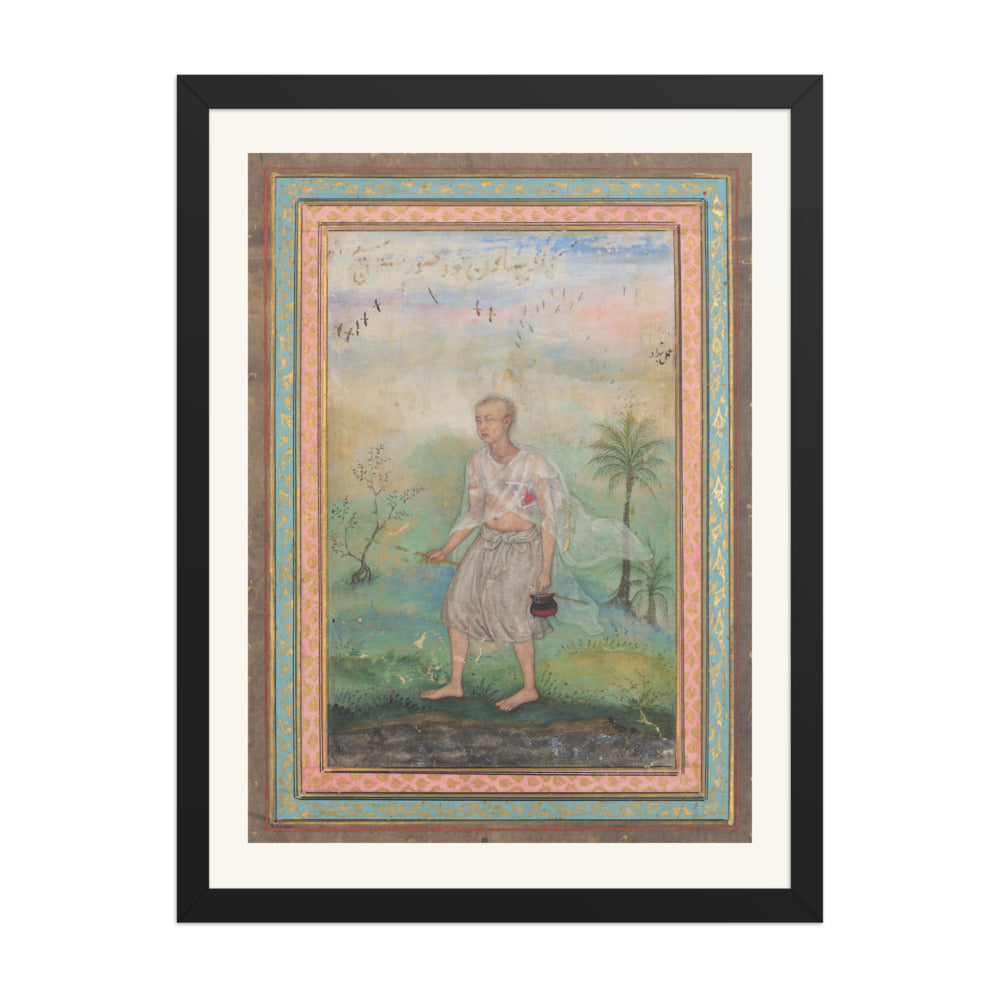 Youth with Vessel in Flowering Landscape — Restored Mughal Wall Art — view 1