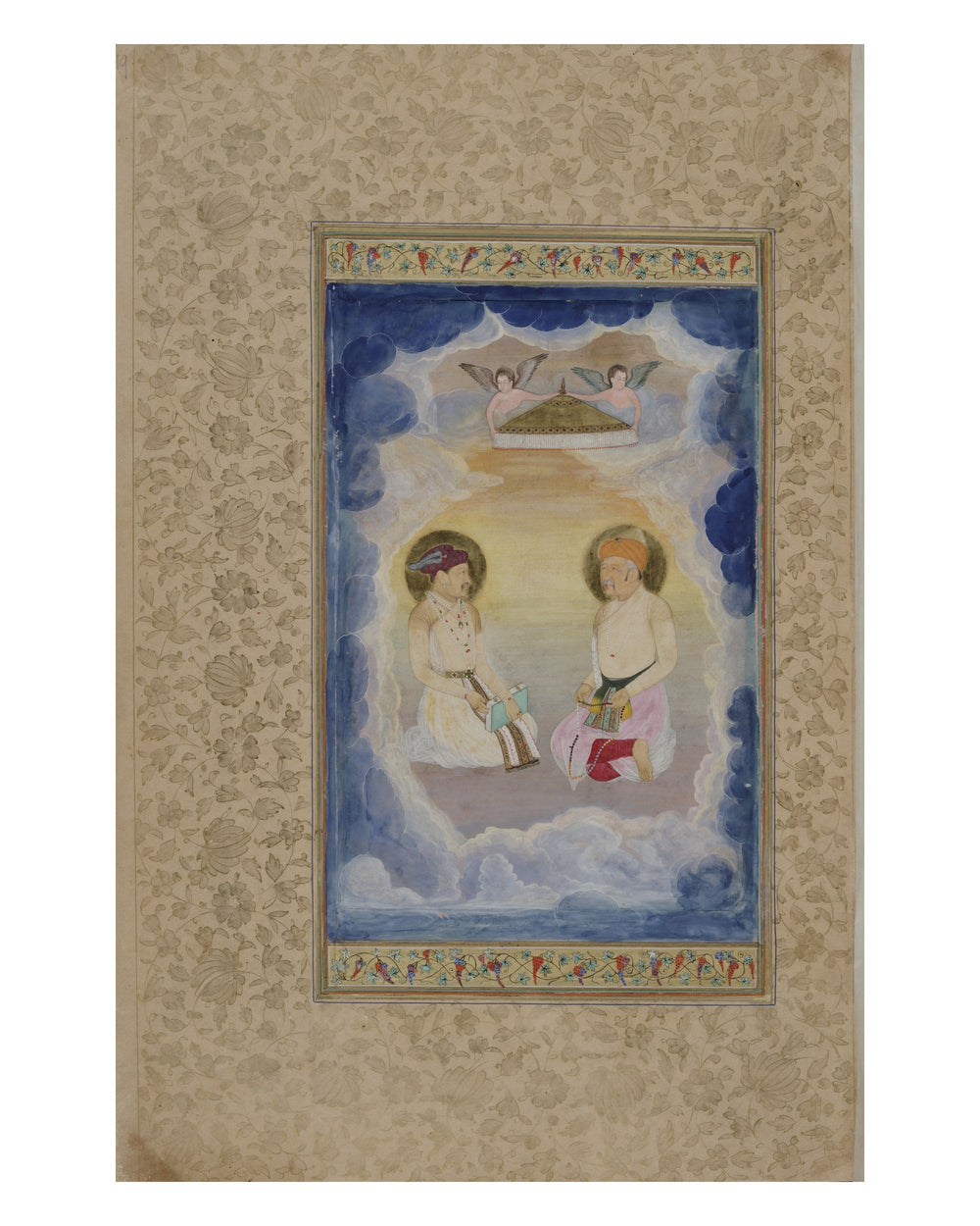 Two Haloed Figures Among the Clouds — Mughal Album Folio | Restored Mughal Wall Art — view 7