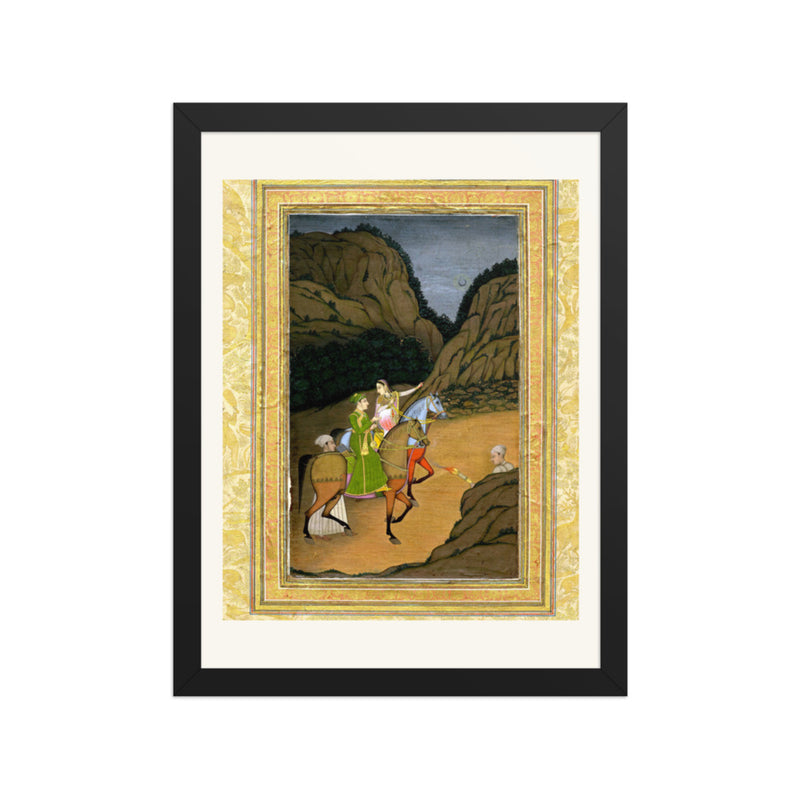 Baz Bahadur and Rupmati Hawking in the Mountains – Late Mughal Romantic Legend – Restored Mughal Wall Art
