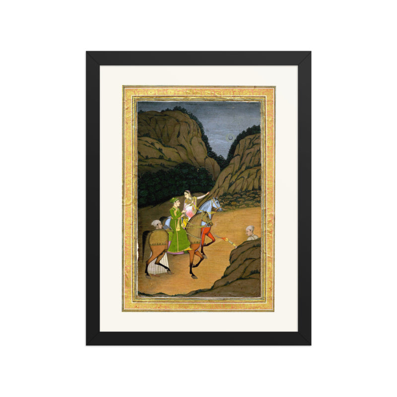 Baz Bahadur and Rupmati Hawking in the Mountains – Late Mughal Romantic Legend – Restored Mughal Wall Art