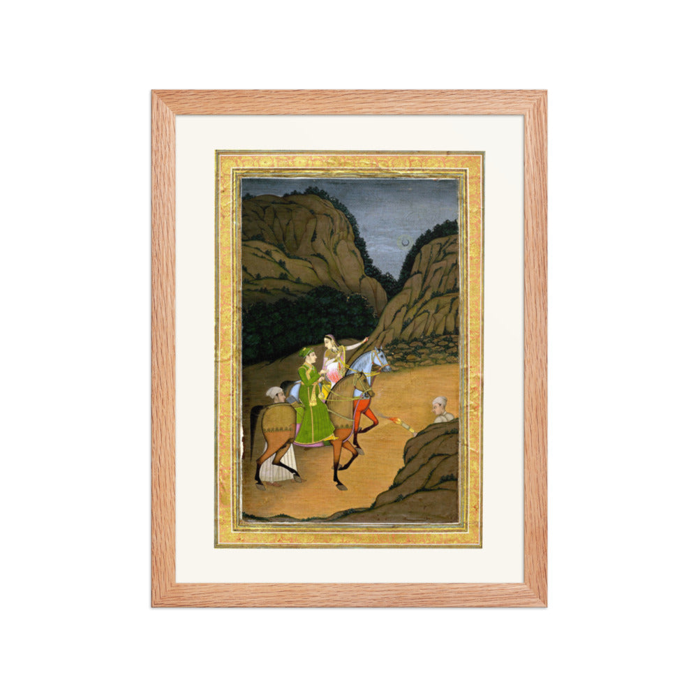 Baz Bahadur and Rupmati Hawking in the Mountains – Late Mughal Romantic Legend – Restored Mughal Wall Art — view 2