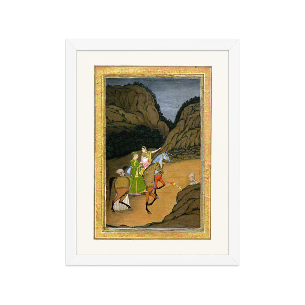 Baz Bahadur and Rupmati Hawking in the Mountains – Late Mughal Romantic Legend – Restored Mughal Wall Art — view 3