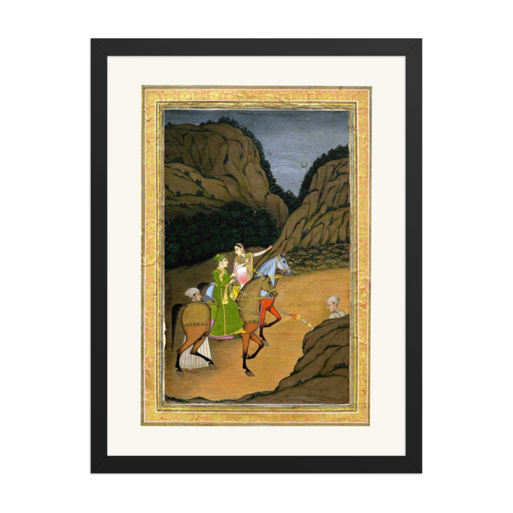 Baz Bahadur and Rupmati Hawking in the Mountains – Late Mughal Romantic Legend – Restored Mughal Wall Art — view 4