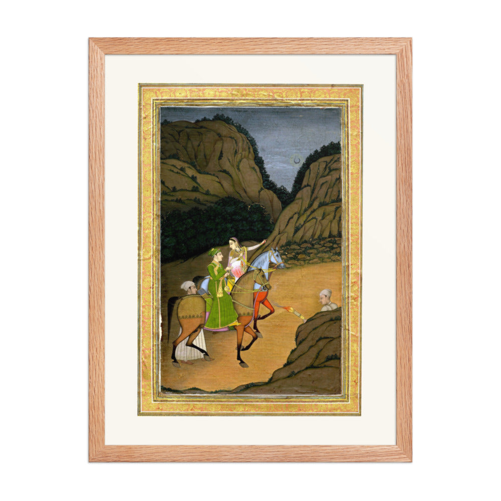 Baz Bahadur and Rupmati Hawking in the Mountains – Late Mughal Romantic Legend – Restored Mughal Wall Art — view 5