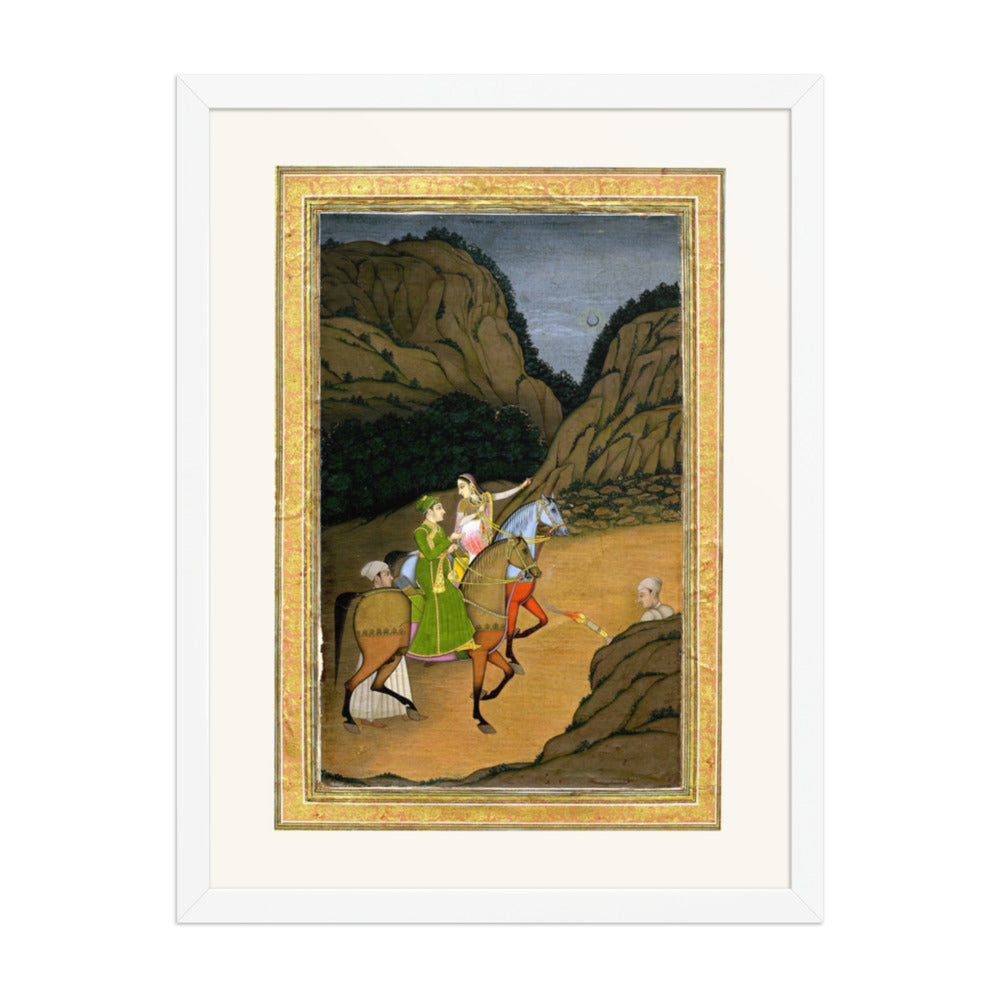 Baz Bahadur and Rupmati Hawking in the Mountains – Late Mughal Romantic Legend – Restored Mughal Wall Art — view 6