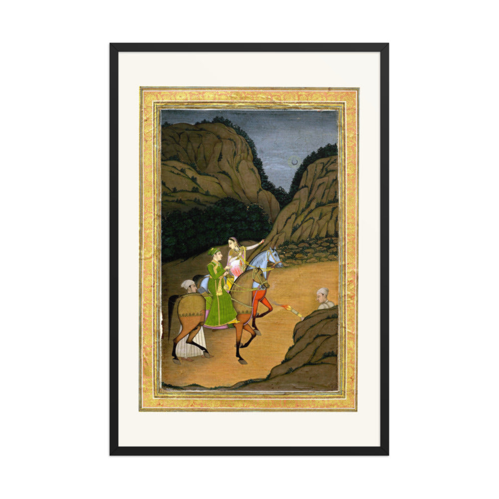 Baz Bahadur and Rupmati Hawking in the Mountains – Late Mughal Romantic Legend – Restored Mughal Wall Art — view 7