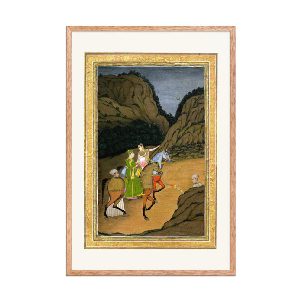 Baz Bahadur and Rupmati Hawking in the Mountains – Late Mughal Romantic Legend – Restored Mughal Wall Art — view 8