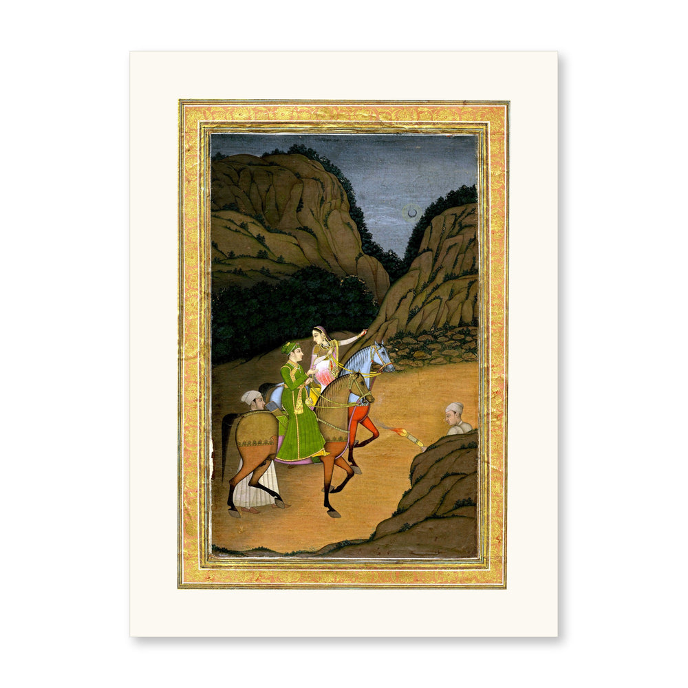 Baz Bahadur and Rupmati Hawking in the Mountains – Late Mughal Romantic Legend – Restored Mughal Wall Art — view 10