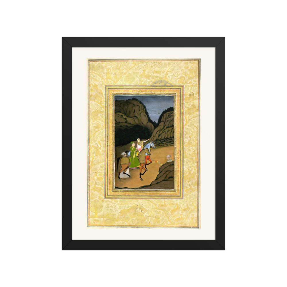 Baz Bahadur and Rupmati Hawking in the Mountains – Late Mughal Romantic Legend – Restored Mughal Wall Art — view 4