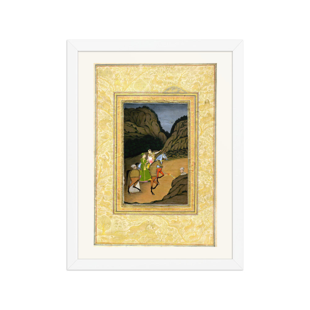 Baz Bahadur and Rupmati Hawking in the Mountains – Late Mughal Romantic Legend – Restored Mughal Wall Art — view 6
