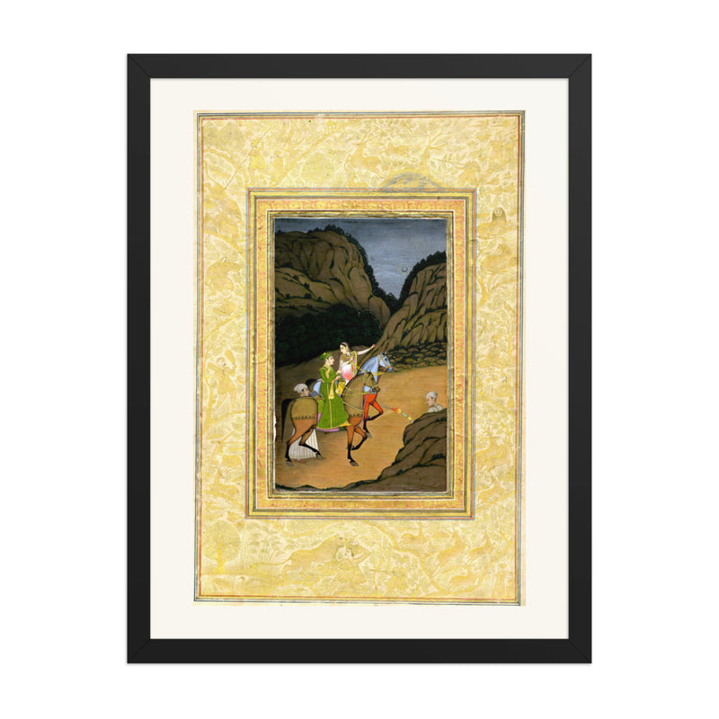 Baz Bahadur and Rupmati Hawking in the Mountains – Late Mughal Romantic Legend – Restored Mughal Wall Art