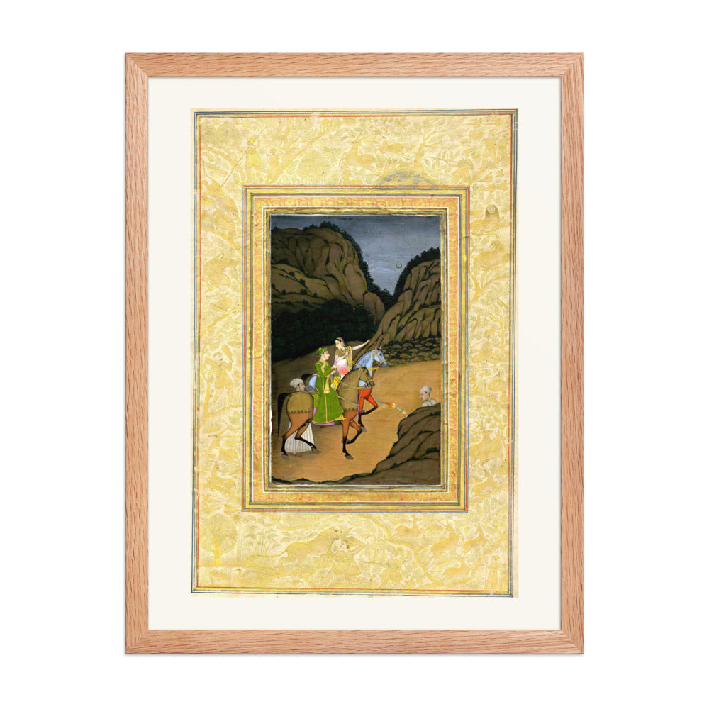 Baz Bahadur and Rupmati Hawking in the Mountains – Late Mughal Romantic Legend – Restored Mughal Wall Art — view 2