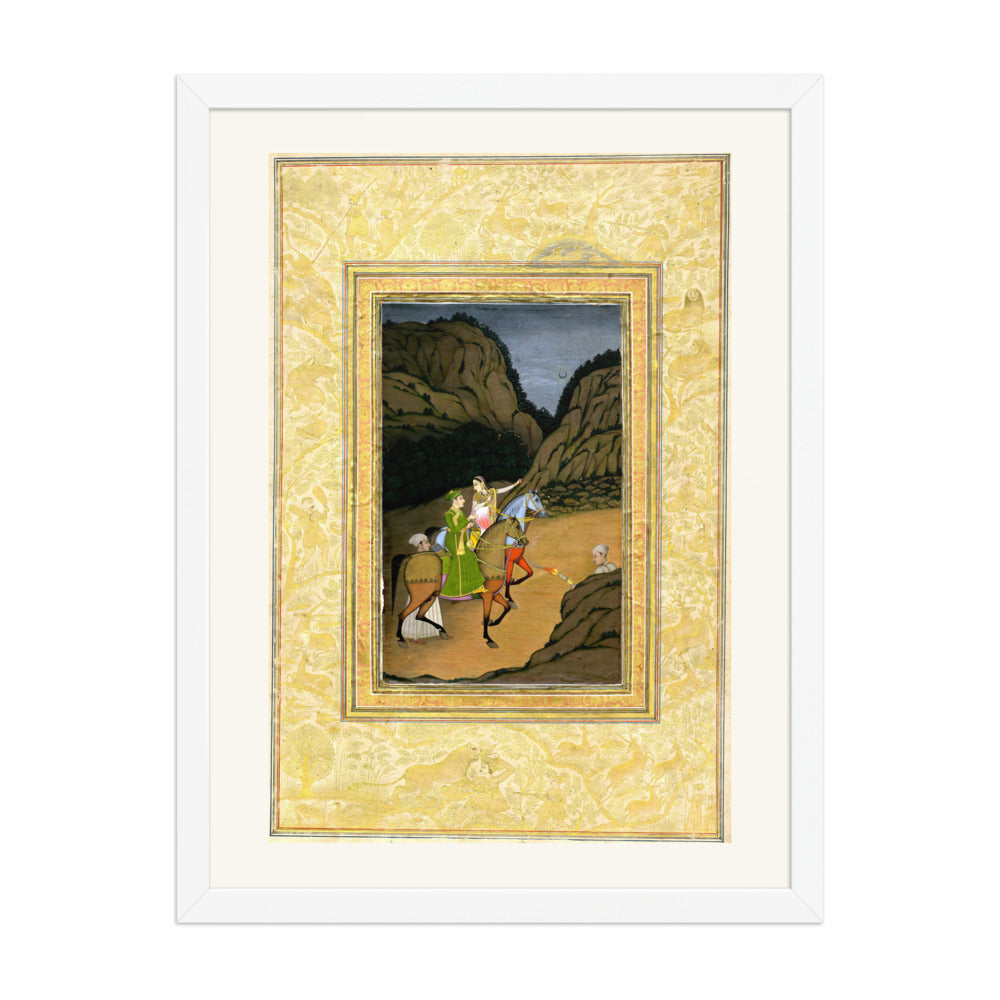 Baz Bahadur and Rupmati Hawking in the Mountains – Late Mughal Romantic Legend – Restored Mughal Wall Art — view 3
