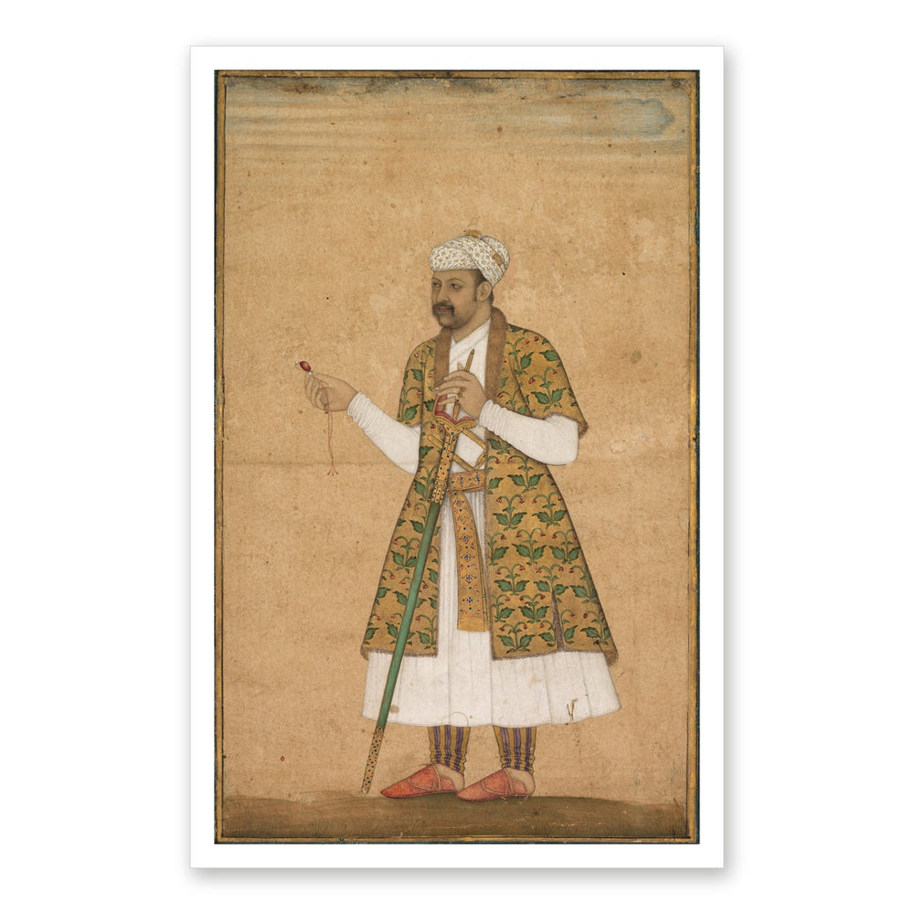 A Mughal Courtier Holding a Spinel and a Deccan Sword | Restored Mughal Wall Art — view 7