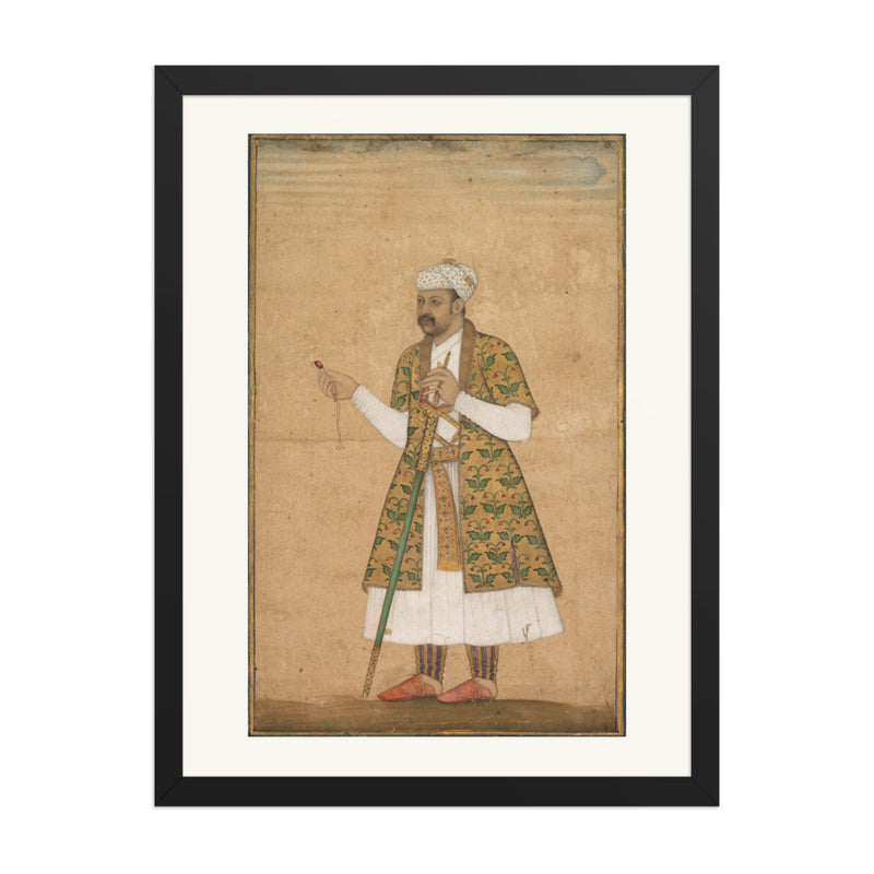 A Mughal Courtier Holding a Spinel and a Deccan Sword | Restored Mughal Wall Art