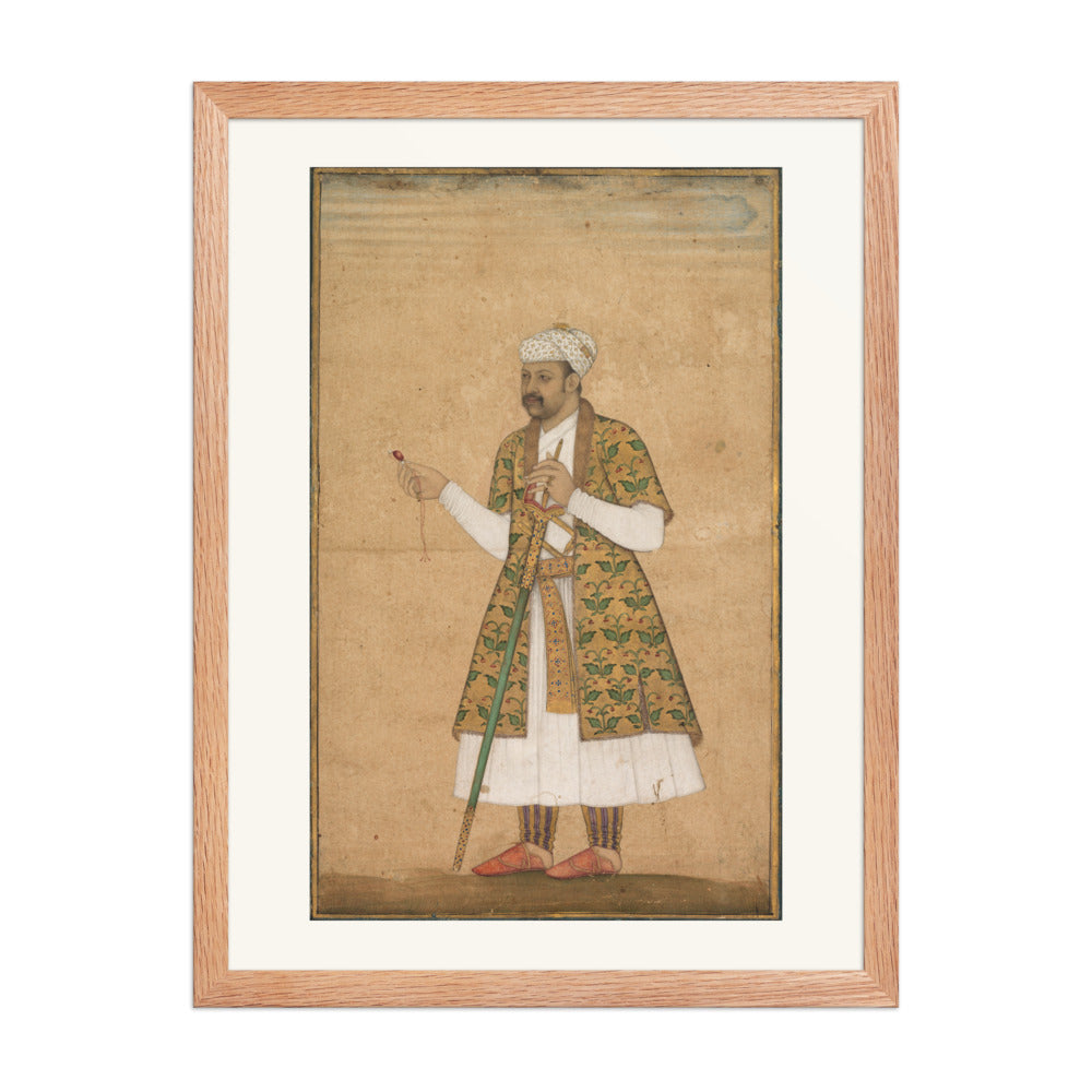 A Mughal Courtier Holding a Spinel and a Deccan Sword | Restored Mughal Wall Art — view 3