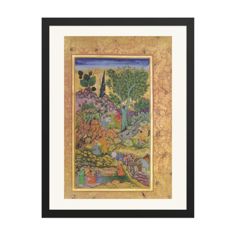 Garden Gathering by a Stream — Mughal Gulshan Album Folio | Restored Mughal Wall Art