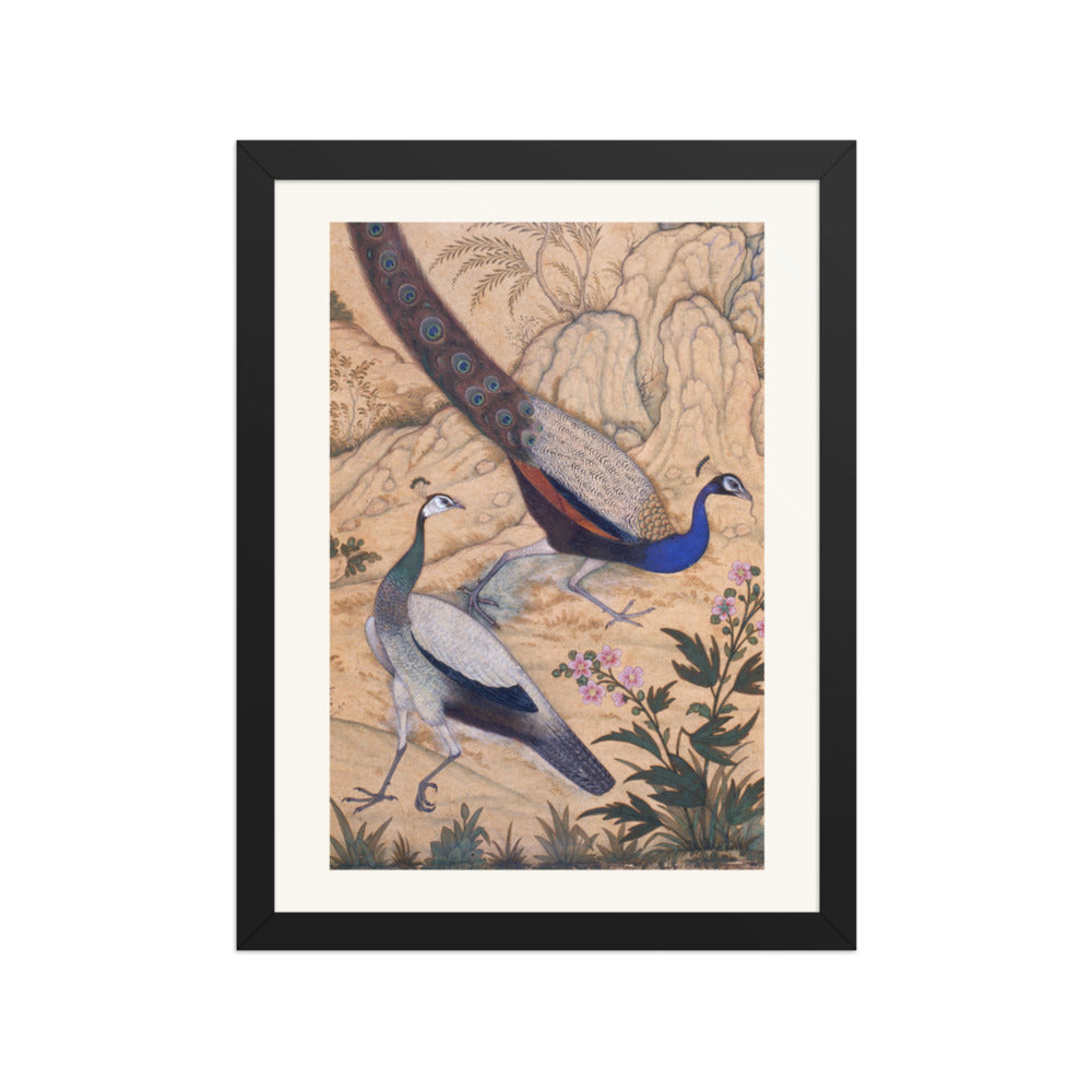 Peacock and Peahen in a Garden by Ustad Mansur | Restored Mughal Wall Art — view 2