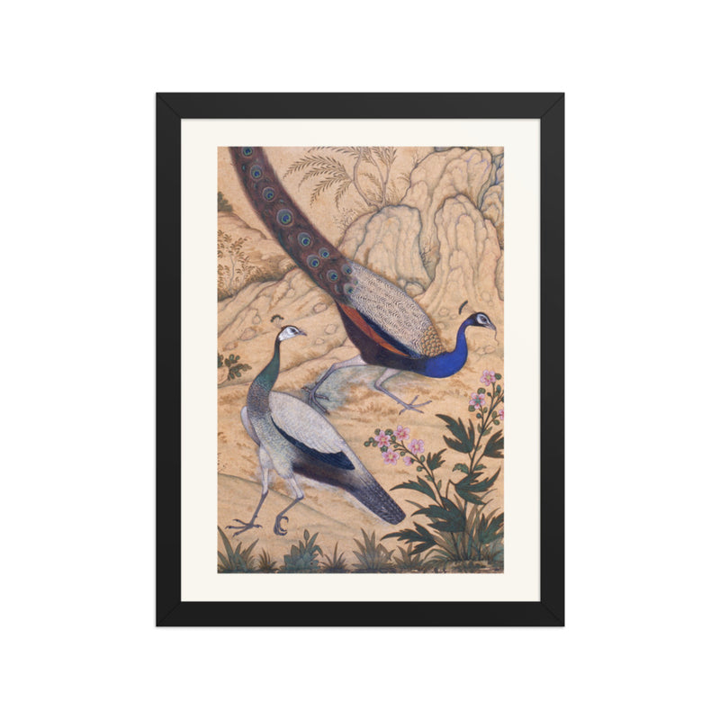 Peacock and Peahen in a Garden by Ustad Mansur | Restored Mughal Wall Art