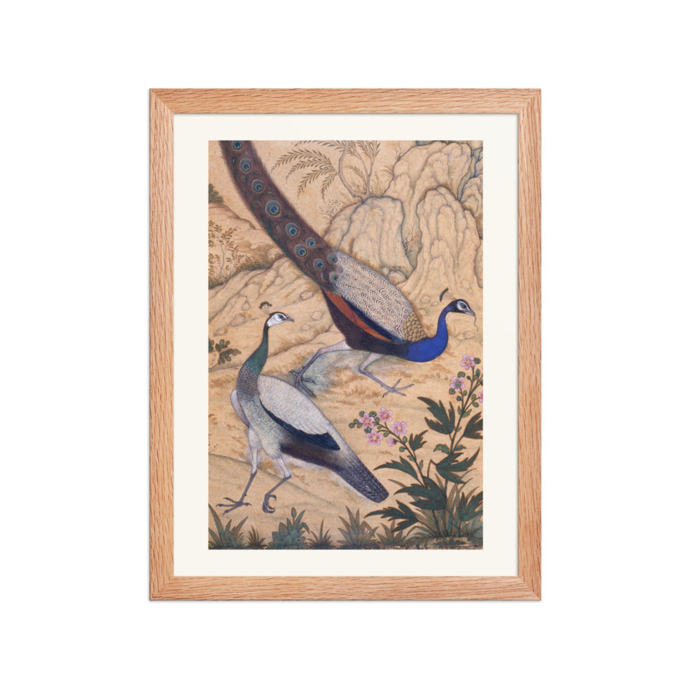 Peacock and Peahen in a Garden by Ustad Mansur | Restored Mughal Wall Art — view 2