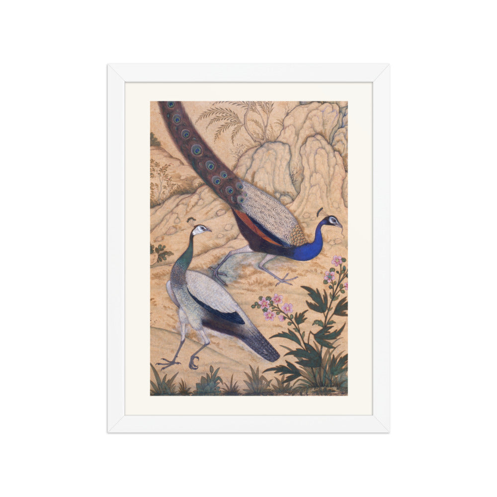 Peacock and Peahen in a Garden by Ustad Mansur | Restored Mughal Wall Art — view 3
