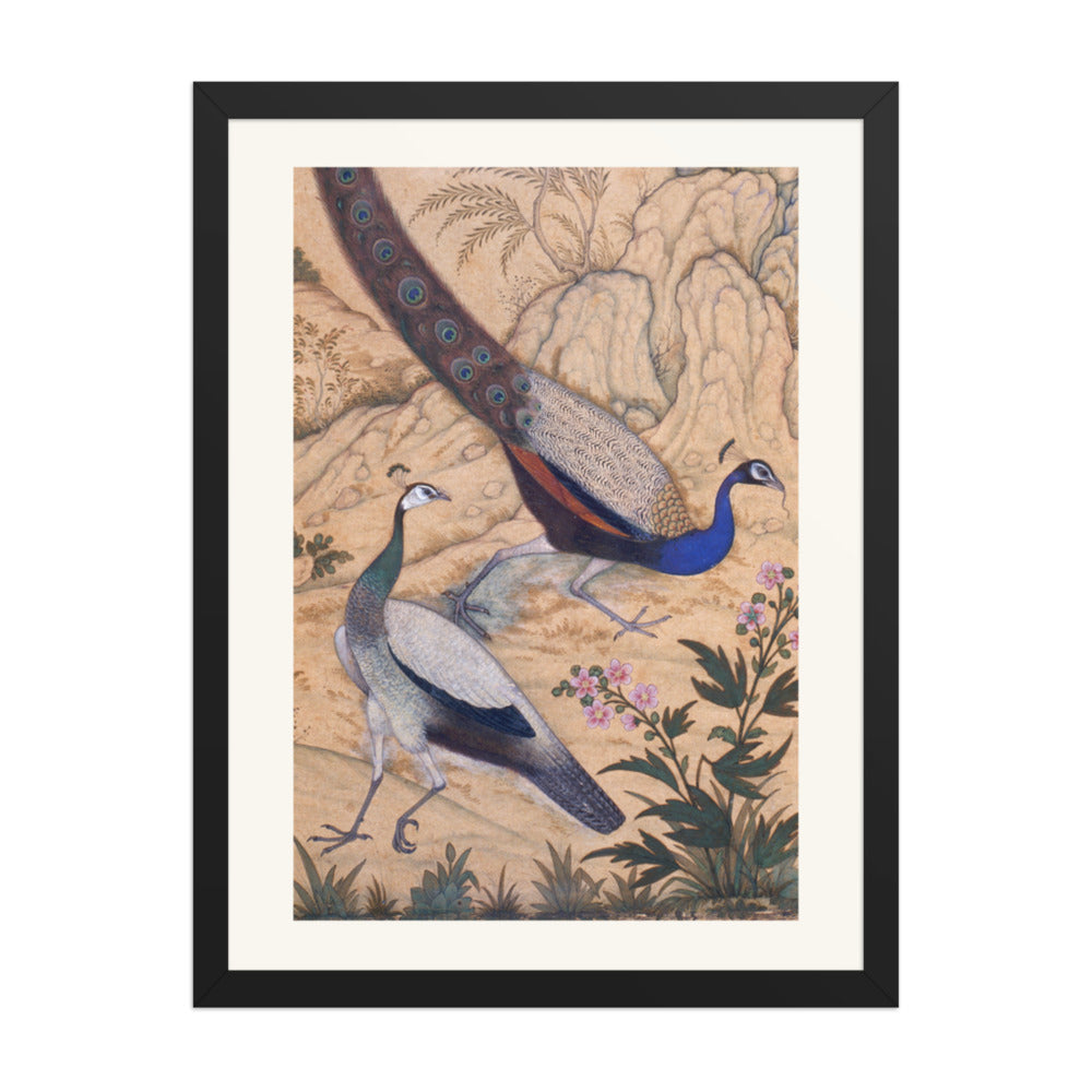 Peacock and Peahen in a Garden by Ustad Mansur | Restored Mughal Wall Art — view 4