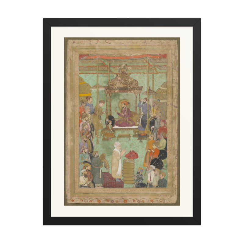 Shah Jahan Enthroned with Mahabat Khan and a Shaykh — Restored Mughal Wall Art
