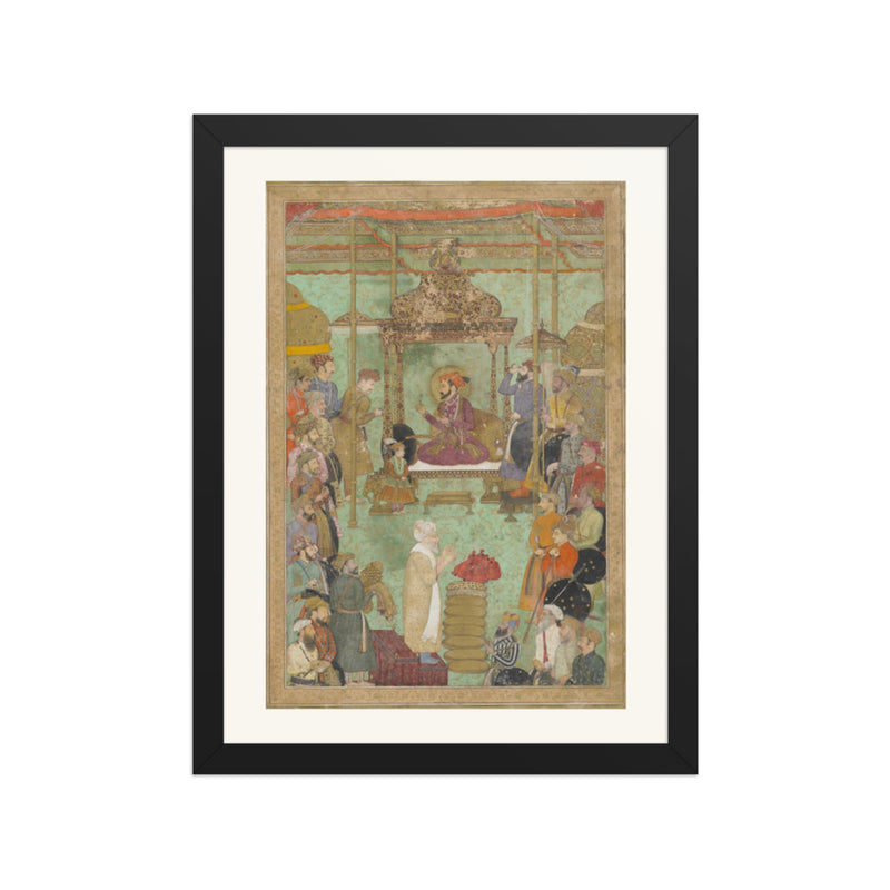 Shah Jahan Enthroned with Mahabat Khan and a Shaykh — Restored Mughal Wall Art
