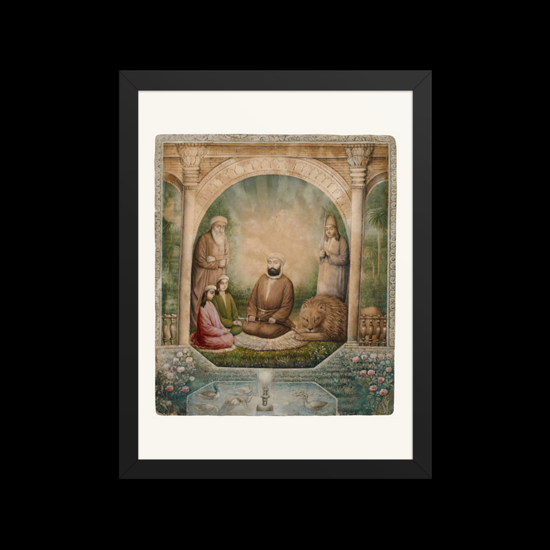 A Sufi Assembly with a Lion | Restored Qajar Painting