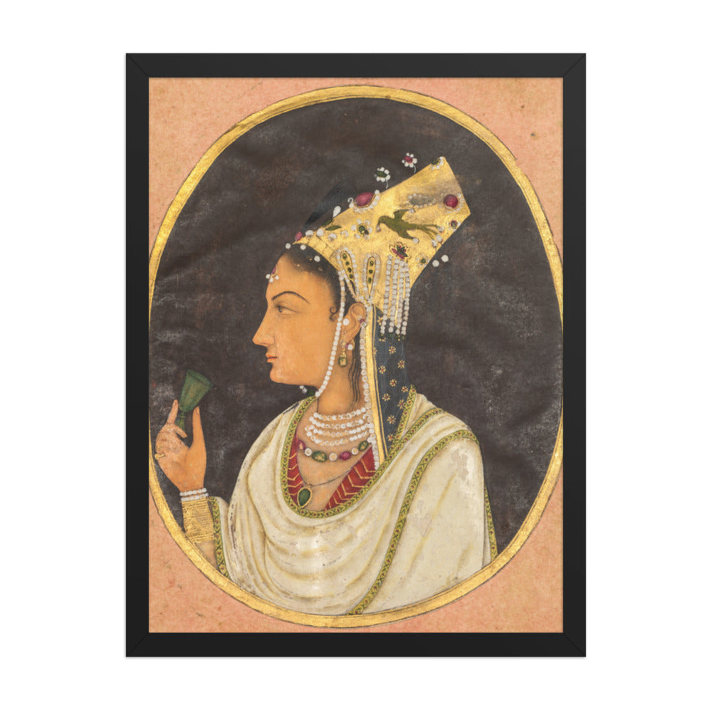 Oval portrait of a woman in a Chaghtai hat — Restored Mughal Wall Art — view 1