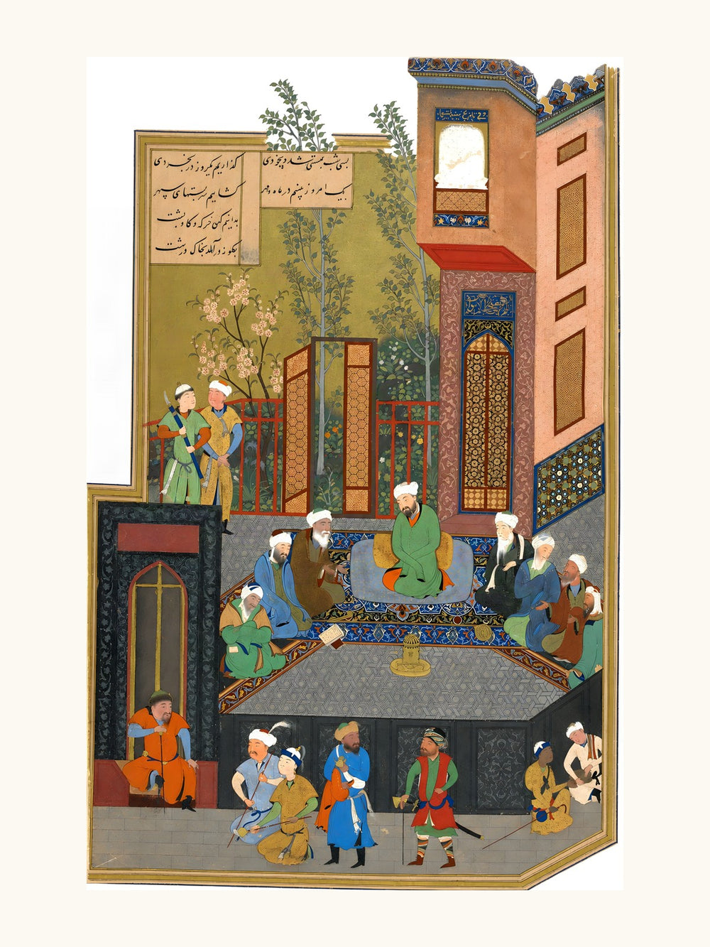 A Learned Assembly in a Tiled Courtyard | Restored Persian Miniature — view 11