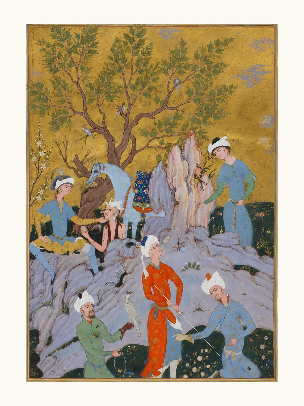 A Princely Hawking Party — Qazvin | Restored Persian Wall Art — view 10