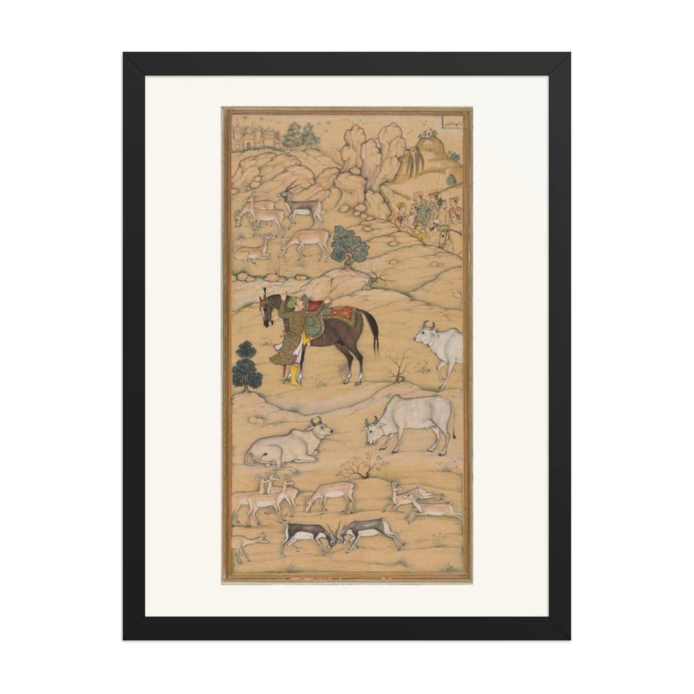 Akbar Mounting His Horse, by Sur Das Gujarati, from an Akbar-nama — Restored Mughal Wall Art — view 1