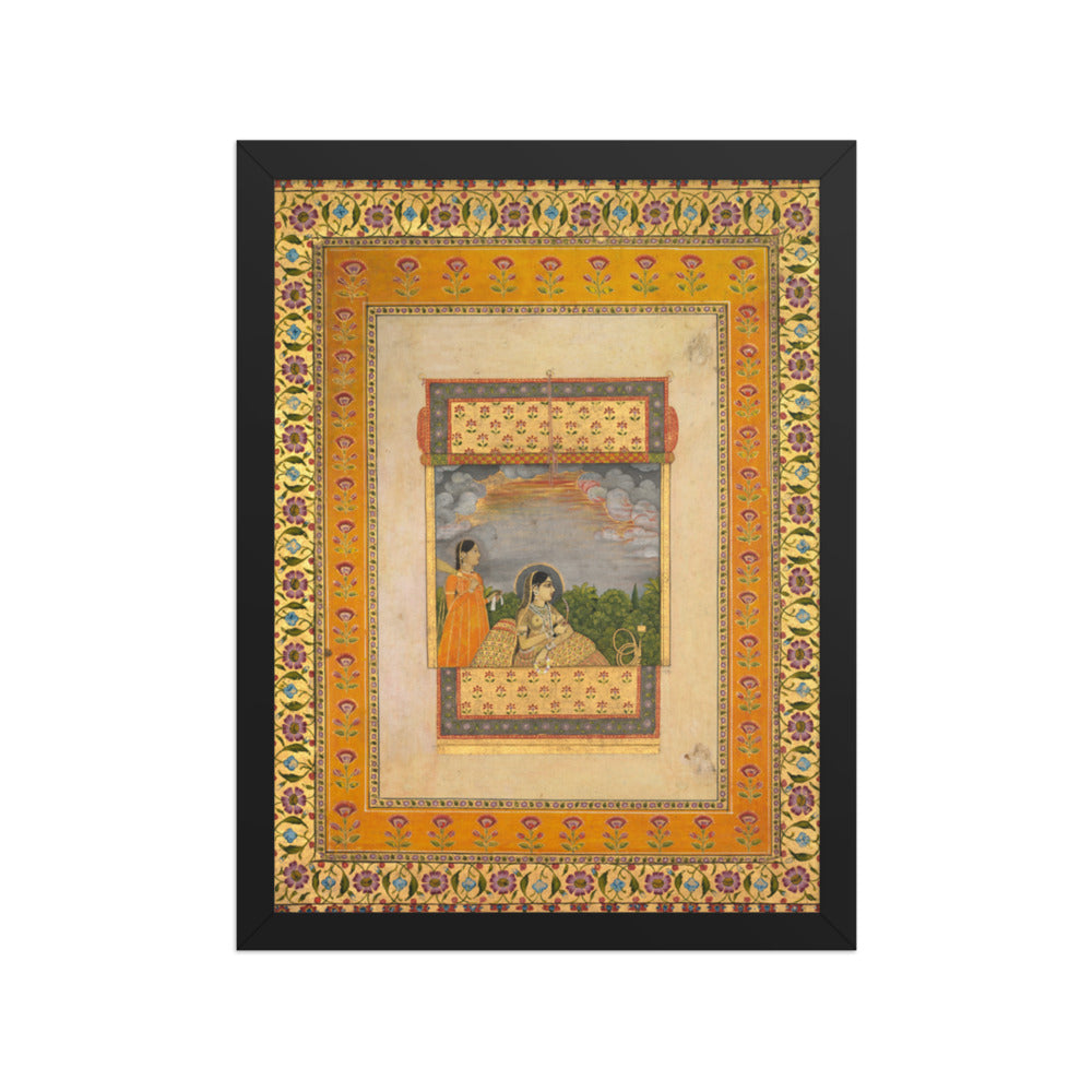 Princess and attendant in trompe l’oeil window — Restored Mughal Wall Art — view 2