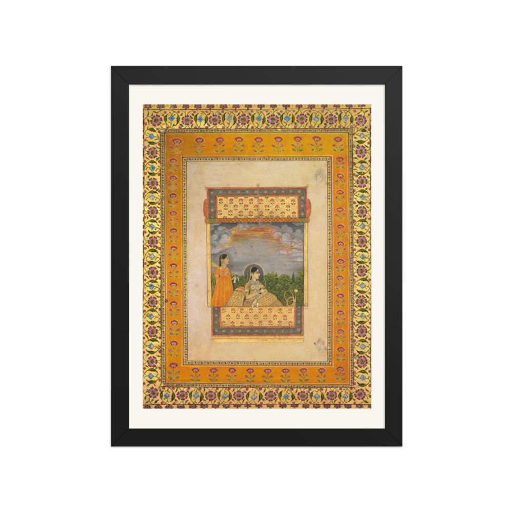 Princess and attendant in trompe l’oeil window — Restored Mughal Wall Art — view 2