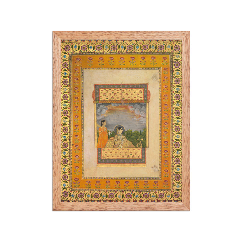 Princess and attendant in trompe l’oeil window — Restored Mughal Wall Art — view 4