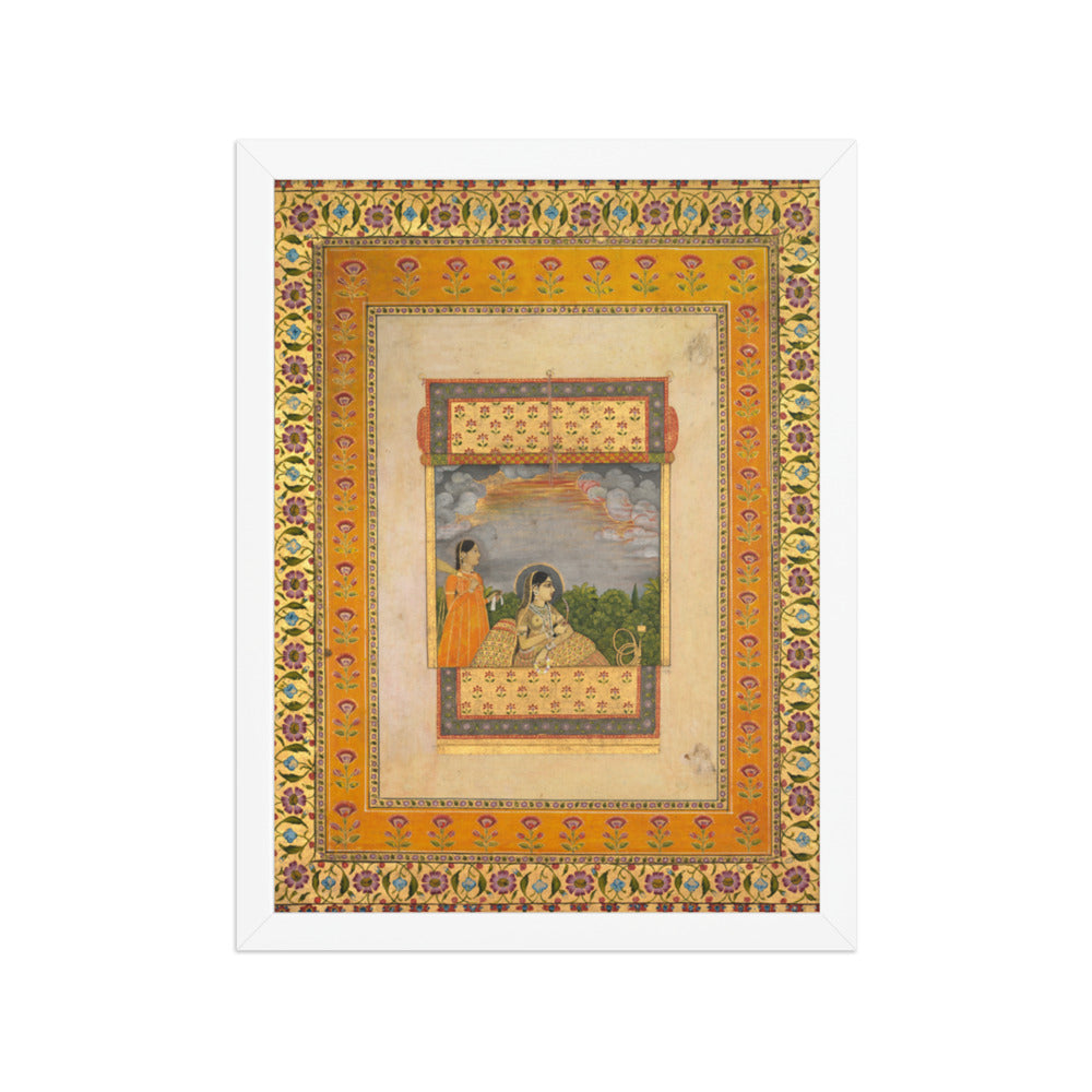 Princess and attendant in trompe l’oeil window — Restored Mughal Wall Art — view 6