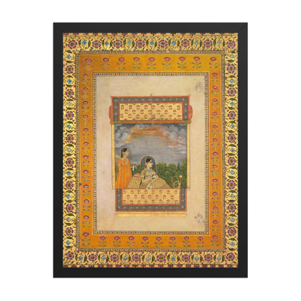 Princess and attendant in trompe l’oeil window — Restored Mughal Wall Art — view 1