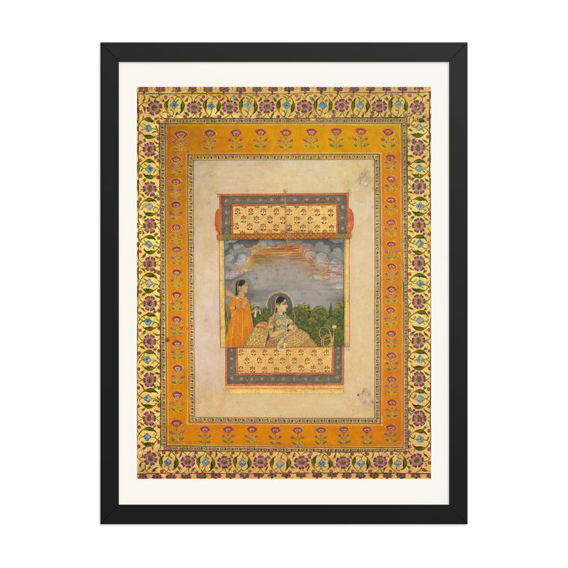 Princess and attendant in trompe l’oeil window — Restored Mughal Wall Art