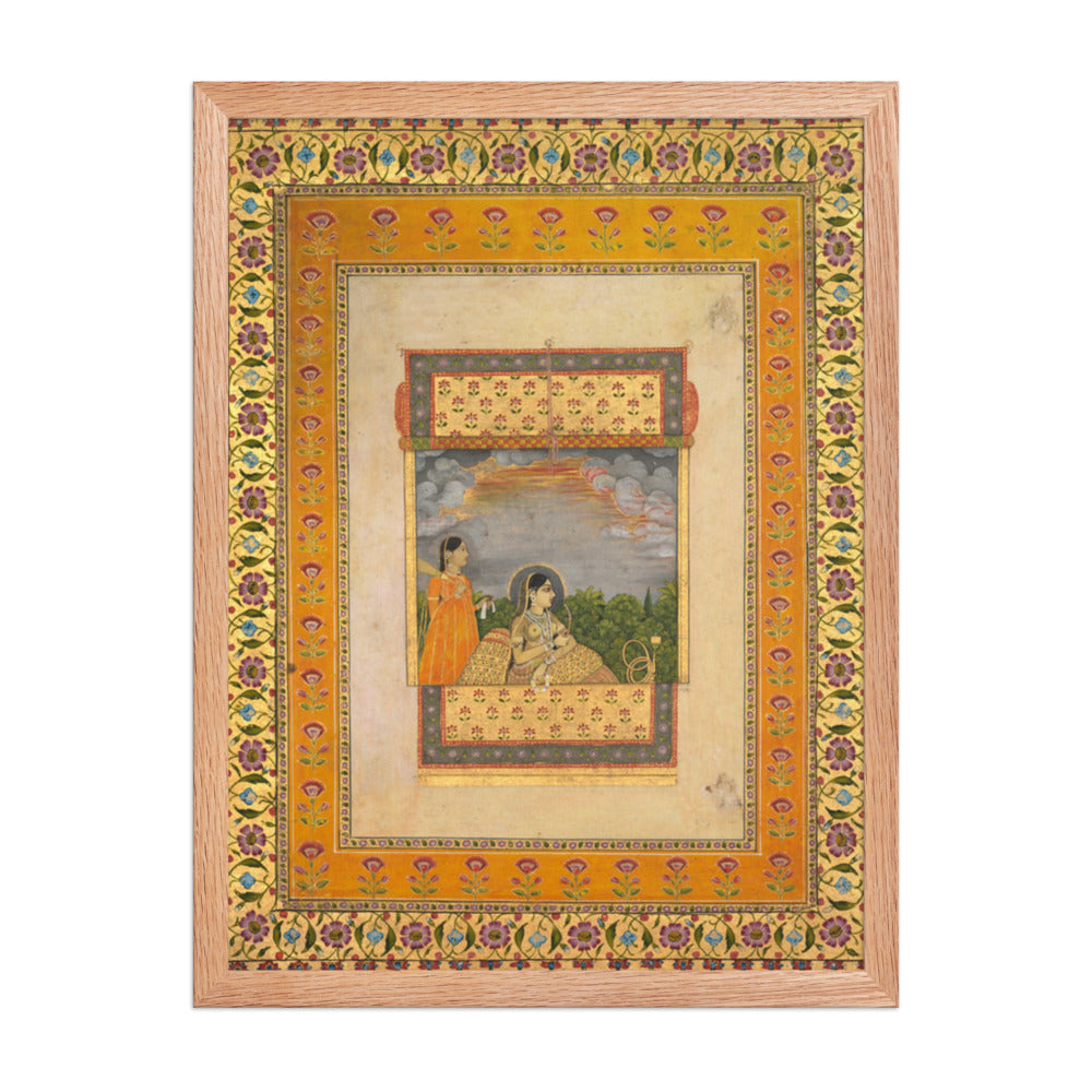 Princess and attendant in trompe l’oeil window — Restored Mughal Wall Art — view 3