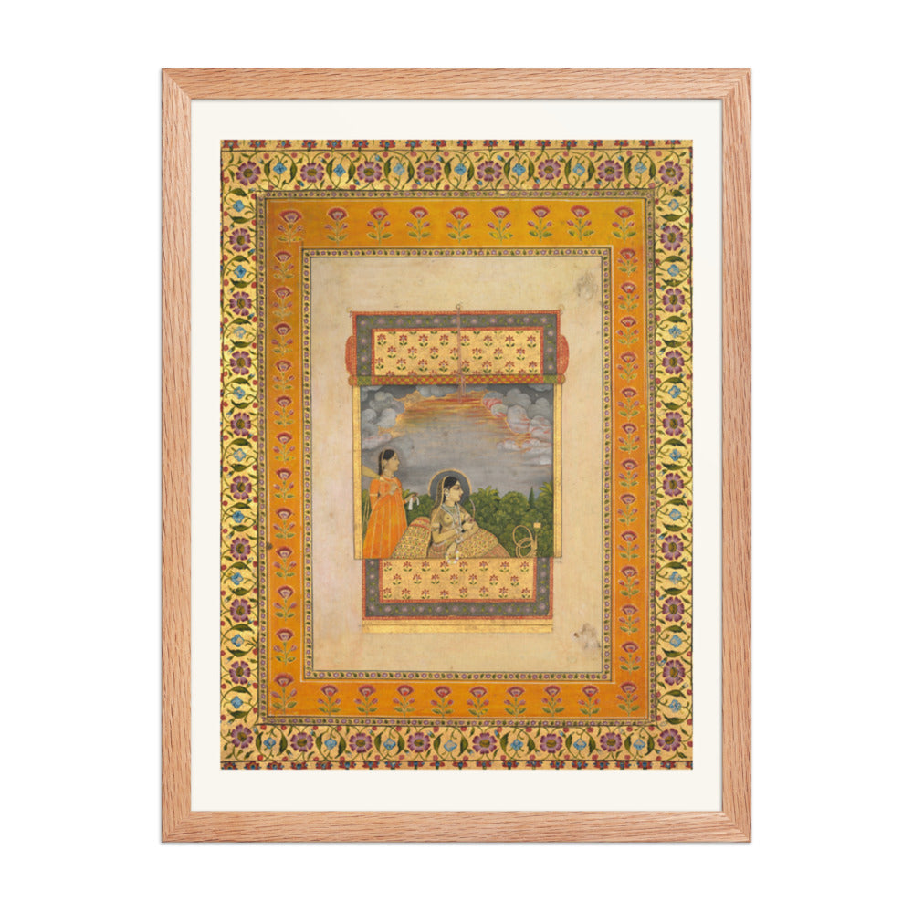 Princess and attendant in trompe l’oeil window — Restored Mughal Wall Art — view 3
